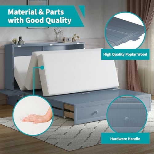 BALUS Murphy Bed Cabinet,Queen Murphy Bed with Tri-fold Mattress & USB Charging Station,Modern Wall Chest Beds with Folding Night Stand Trays and Storage Drawers for Bedroom Living Room,Grey-Blue - Image 28