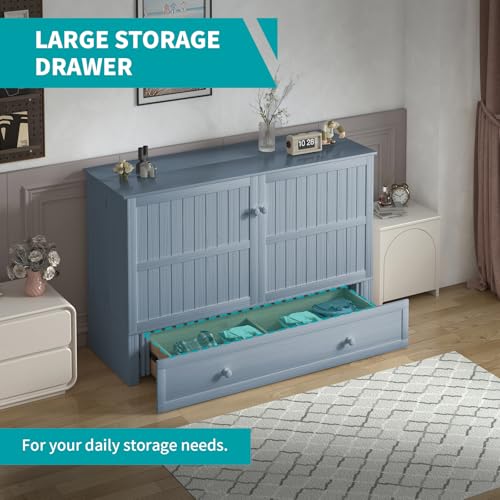 BALUS Murphy Bed Cabinet,Queen Murphy Bed with Tri-fold Mattress & USB Charging Station,Modern Wall Chest Beds with Folding Night Stand Trays and Storage Drawers for Bedroom Living Room,Grey-Blue - Image 30