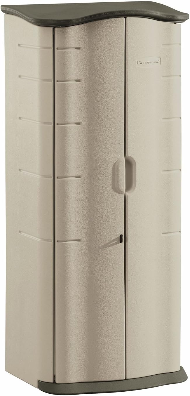 Rubbermaid Vertical Resin Weather Resistant Outdoor Storage Shed, 2×2.5 ft., Olive and Sandstone, for Garden/Backyard/Home/Pool