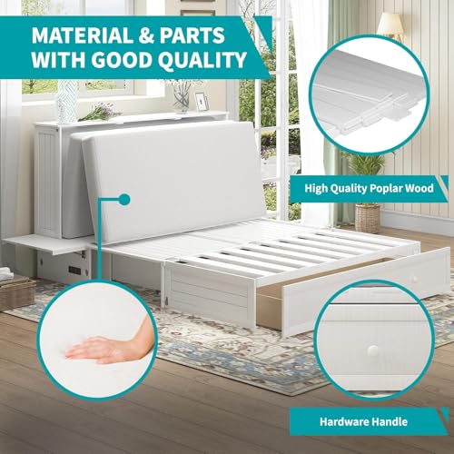 BALUS Murphy Bed Cabinet,Queen Murphy Bed with Tri-fold Mattress & USB Charging Station,Modern Wall Chest Beds with Folding Night Stand Trays and Storage Drawers for Bedroom Living Room,Grey-Blue - Image 9