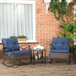 Alternative view of Outsunny 3pc Rocking Chair Set w/ Cushions, Wicker Bistro Set, Dark Blue