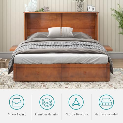 BALUS Murphy Bed Cabinet,Queen Murphy Bed with Tri-fold Mattress & USB Charging Station,Modern Wall Chest Beds with Folding Night Stand Trays and Storage Drawers for Bedroom Living Room,Grey-Blue - Image 18