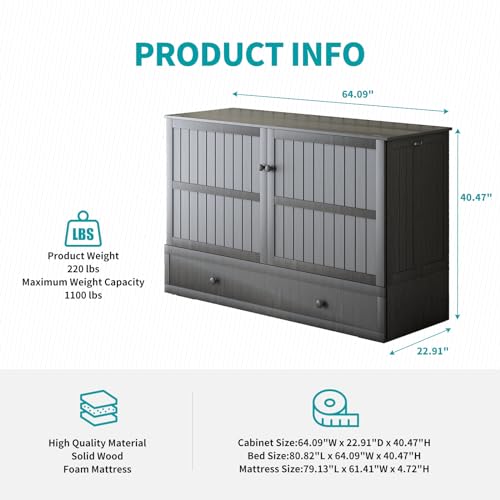 BALUS Murphy Bed Cabinet,Queen Murphy Bed with Tri-fold Mattress & USB Charging Station,Modern Wall Chest Beds with Folding Night Stand Trays and Storage Drawers for Bedroom Living Room,Grey-Blue - Image 19
