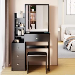Alternative view of CIATRE Small Space Left Bedside Cabinet Vanity Table + Cushioned Stool, Extra Large Right sliding mirror, Multi Layer High Capacity Storage, Practical Fashionable Dresser, Black