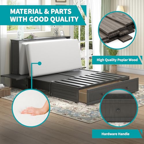 BALUS Murphy Bed Cabinet,Queen Murphy Bed with Tri-fold Mattress & USB Charging Station,Modern Wall Chest Beds with Folding Night Stand Trays and Storage Drawers for Bedroom Living Room,Grey-Blue - Image 22
